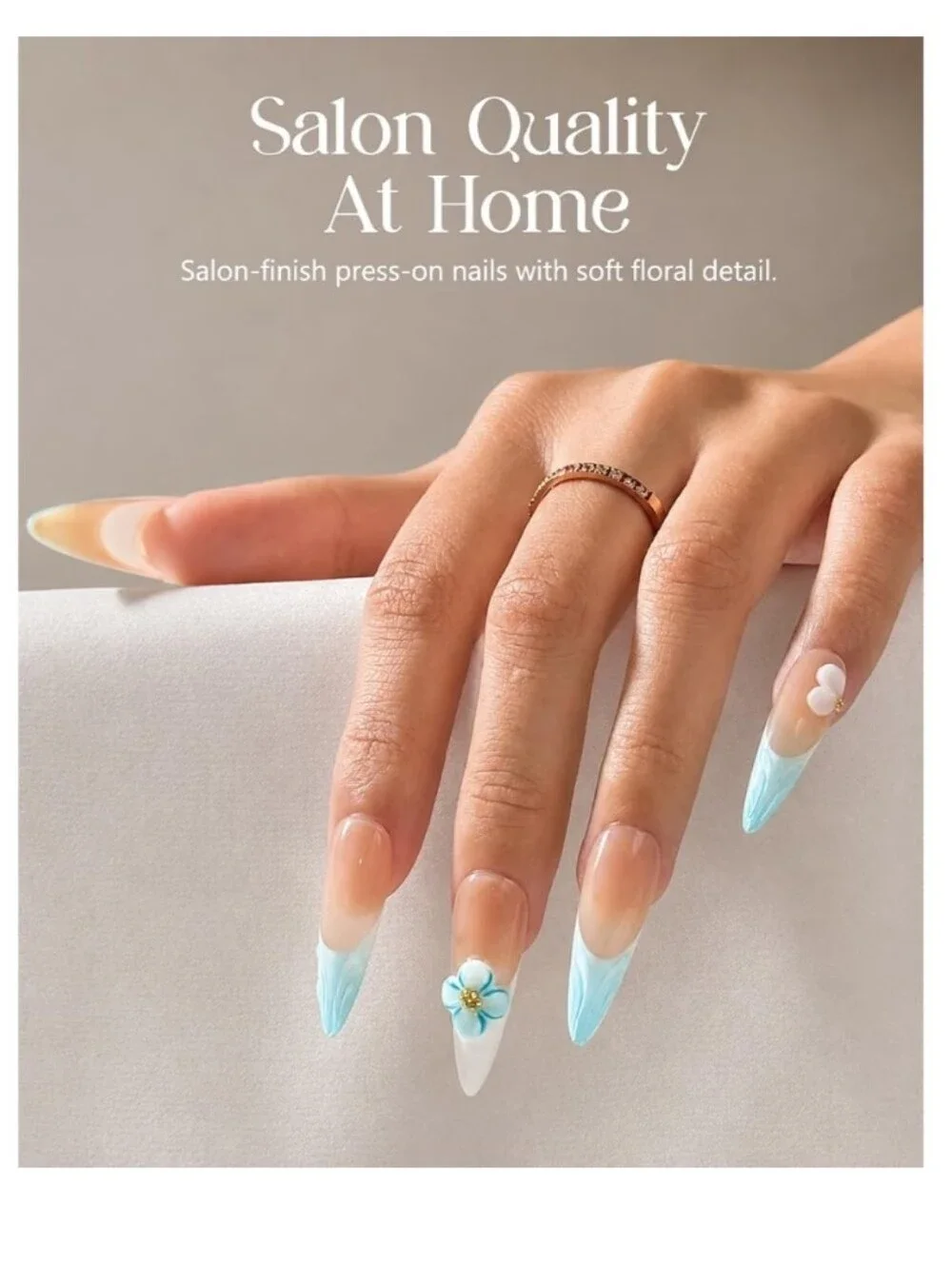 Handmade Press on Nails Acrylic - 3D Pink Blue Floral French Tip Short Almond